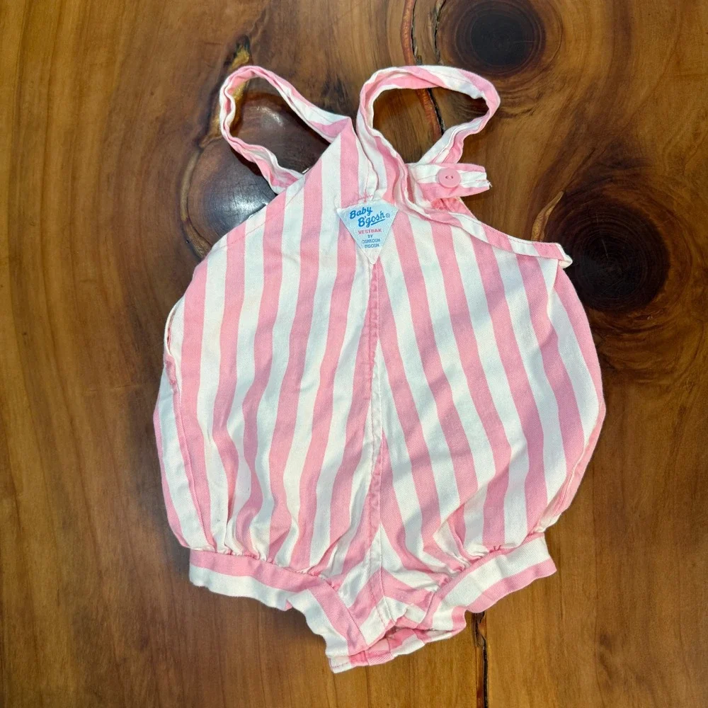 Vintage Oshkosh Overalls 12M Cotton USA Floral Short Shortalls Bubble Stripe D13